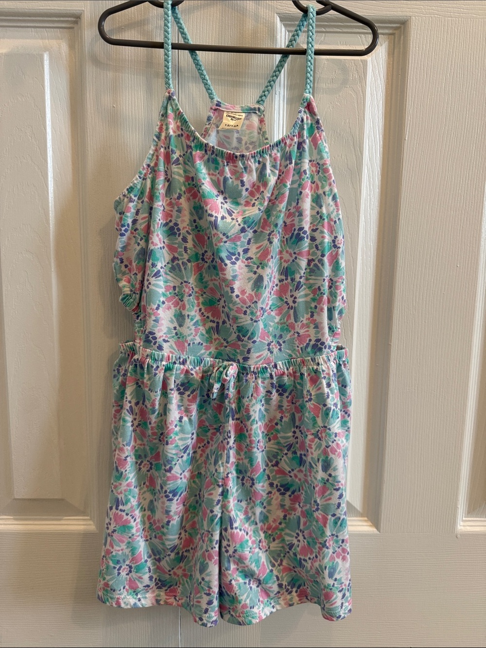 Girls Floral Print Romper in Aqua and Pink